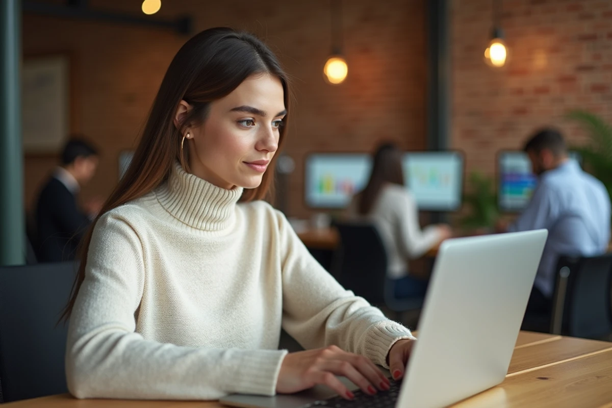 Jeune femme découvrant les nouvelles tendances web sur un ordinateur portable dans un bureau moderne en 2024