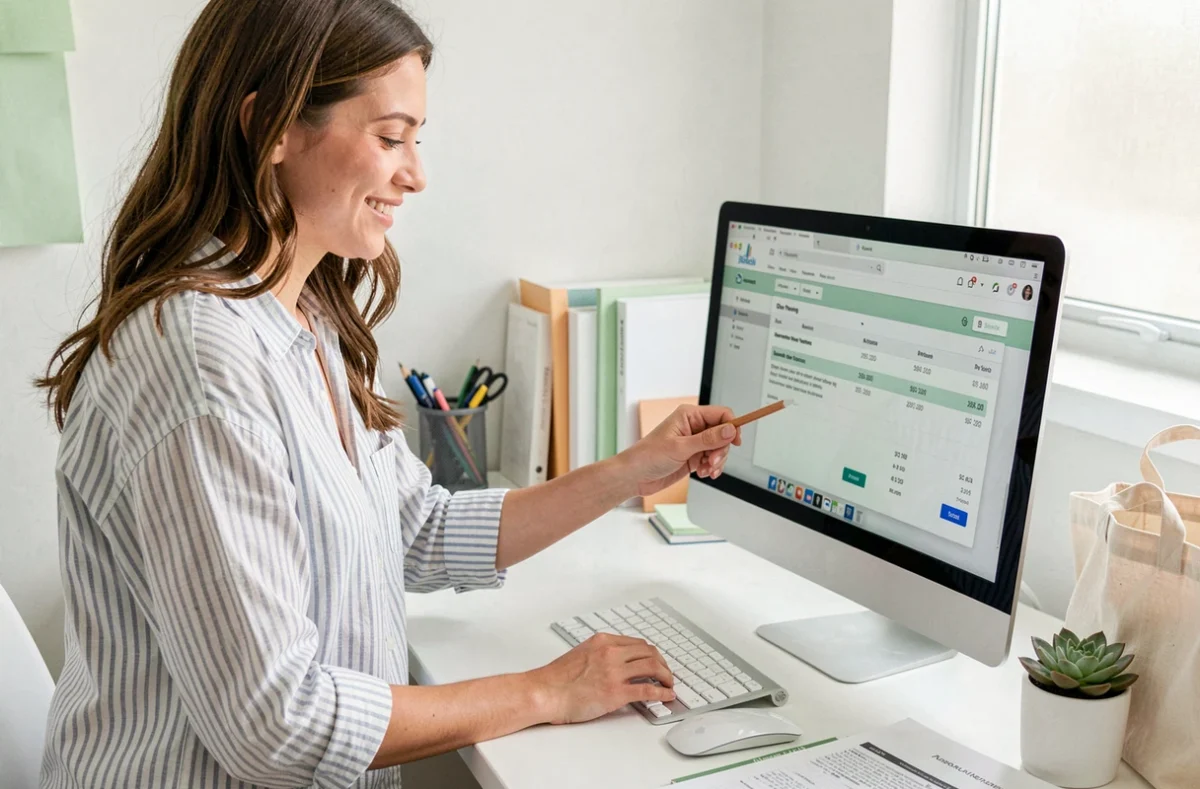 Jeune femme vérifiant une confirmation de commande en ligne depuis son bureau à domicile