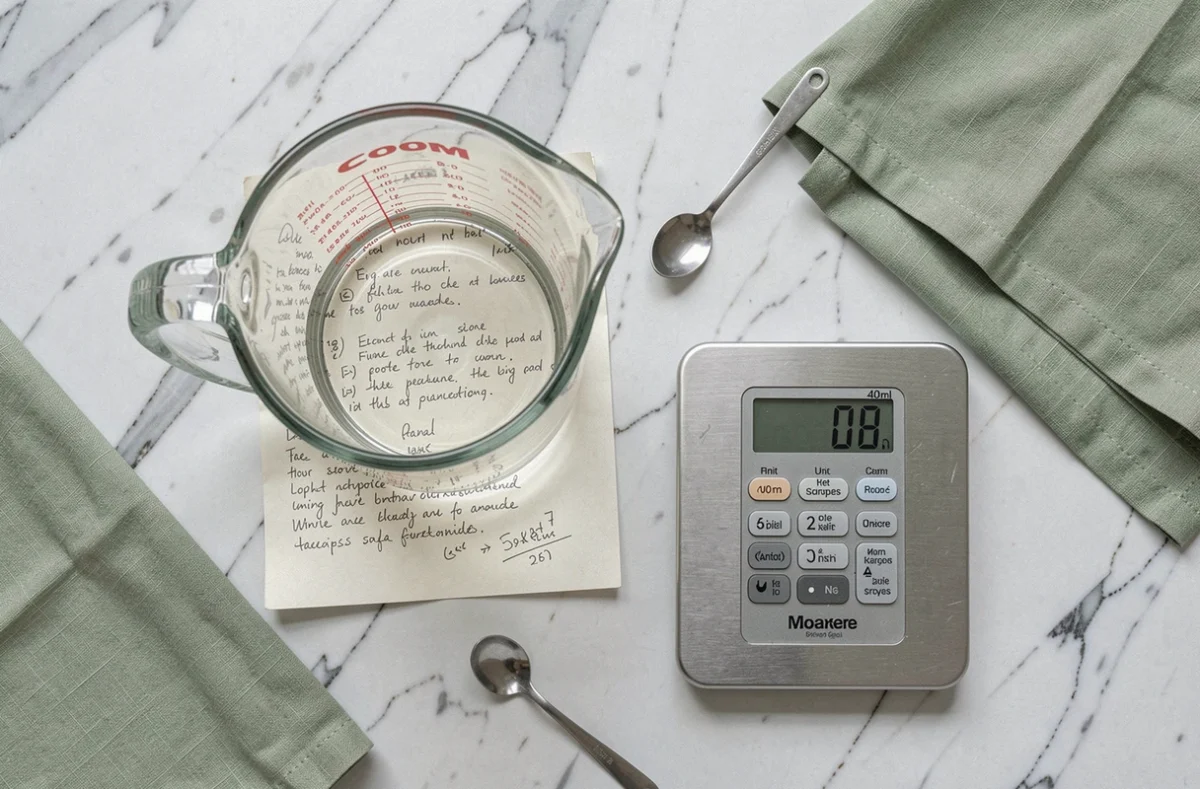 Vue de dessus d'un verre doseur contenant 400 ml d'eau sur marbre blanc, à côté d'une fiche de recette manuscrite et d'une balance de cuisine
